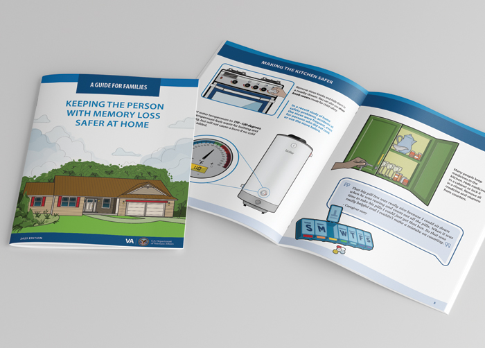 Cover and spread of the safety guide with custom illustrations of measures to make the house safer for people with memory loss.